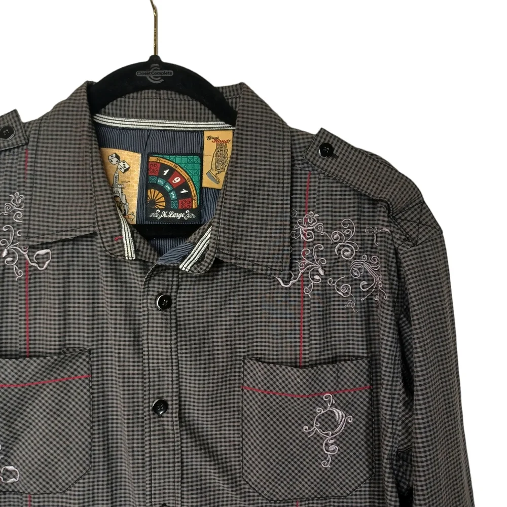191 UNLIMITED Gray Black Check Plaid Print Red Stripe Button Front Shirt XL - Picture 2 of 8